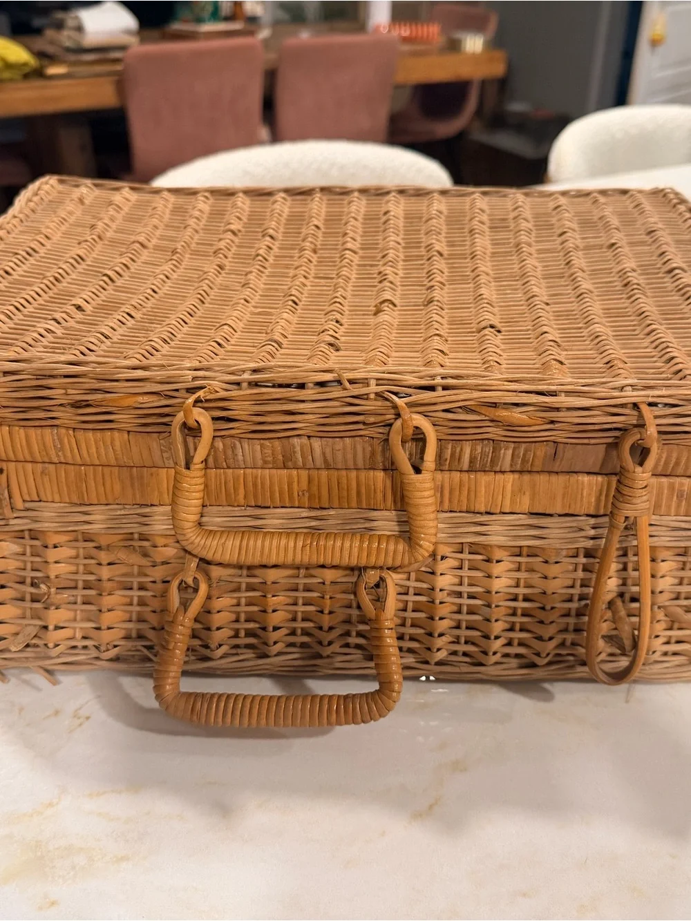 Vintage Woven Rattan Picnic-Style Basket in Natural Tan